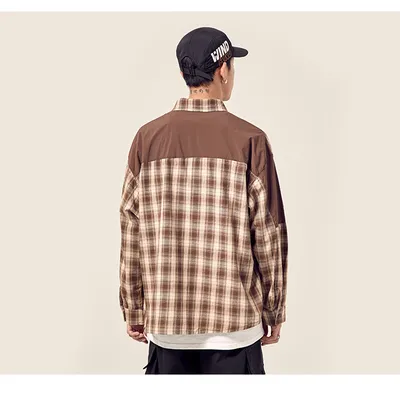 Pocket stitching loose drop shoulder plaid shirt