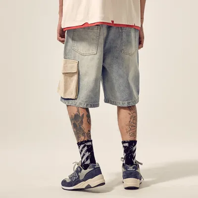 Men's distressed stitching loose denim shorts
