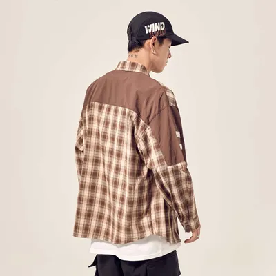 Pocket stitching loose drop shoulder plaid shirt