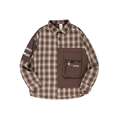 Pocket stitching loose drop shoulder plaid shirt