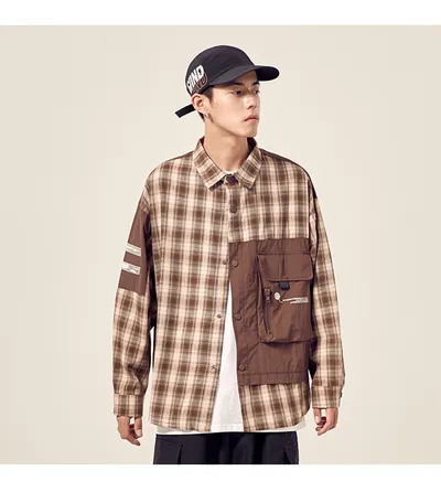 Pocket stitching loose drop shoulder plaid shirt