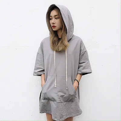 Short sleeve hoodie with slit zip