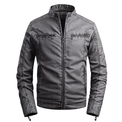 Men's stand collar plus velvet PU leather jacket