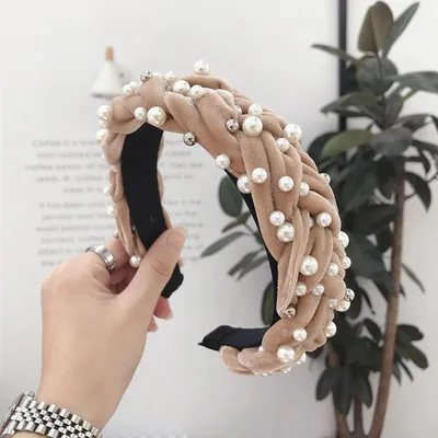 Golden velvet fabric beaded hair band