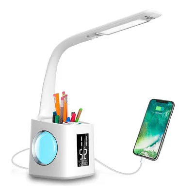 مصباح مكتب LED للدراسة، منفذ شحن USB وشاشة وتقويم وألوان ضوء الليل للأطفال مصباح طاولة قابل للتعتيم مع محفظة قلم