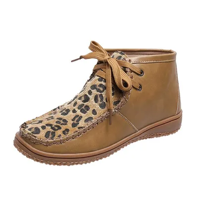 Flat round toe leopard print women's short boots