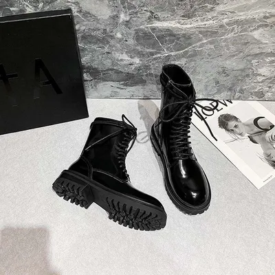 Round head lace-up motorcycle single boots