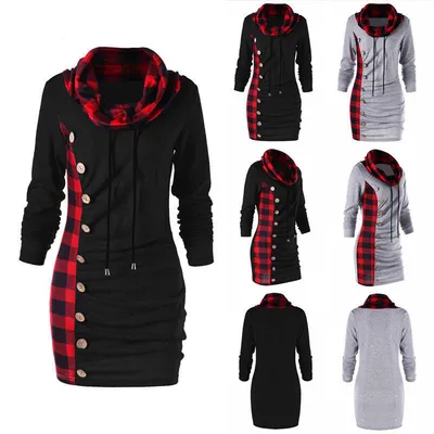 Checked panel turtleneck button dress