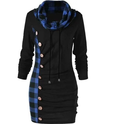 Checked panel turtleneck button dress