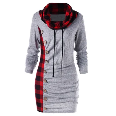 Checked panel turtleneck button dress