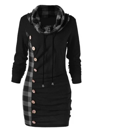 Checked panel turtleneck button dress