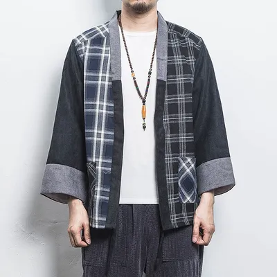 Chinese style kimono stitching plaid cardigan