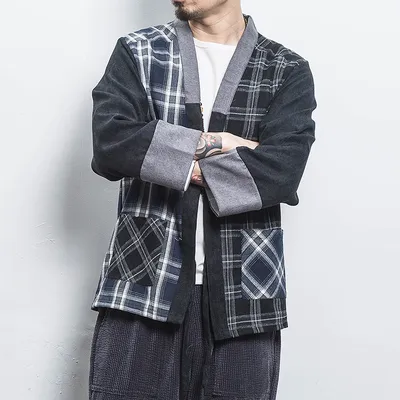 Chinese style kimono stitching plaid cardigan