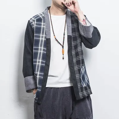 Chinese style kimono stitching plaid cardigan