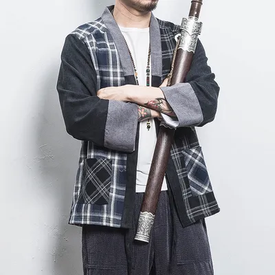 Chinese style kimono stitching plaid cardigan