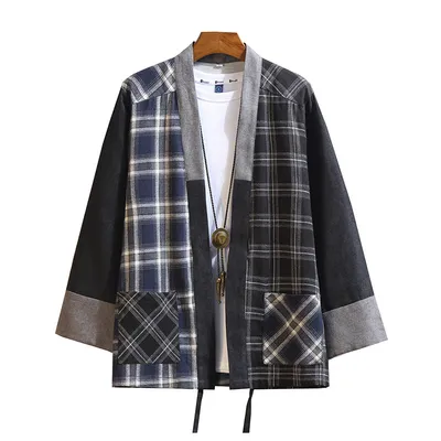 Chinese style kimono stitching plaid cardigan