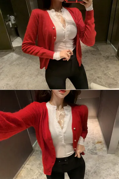 Lace Trim Half-open Collar Slim T-Shirt Women's