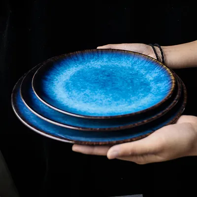 Creative Household Blue Ceramic Plate Tray Retro Tableware