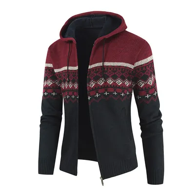 Hooded Plush Sweater Contrast Casual Zipper Knitting