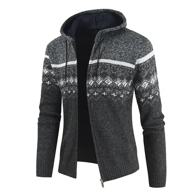 Hooded Plush Sweater Contrast Casual Zipper Knitting
