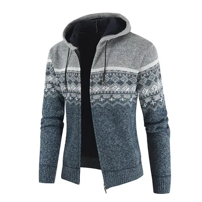 Hooded Plush Sweater Contrast Casual Zipper Knitting