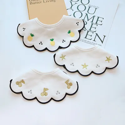 Rotating Cotton Baby Bib With Wavy Embroidery