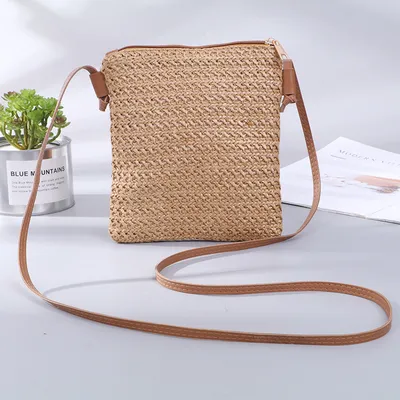Mobile Phone Diagonal Bag Solid Color Straw Woven Female Bag