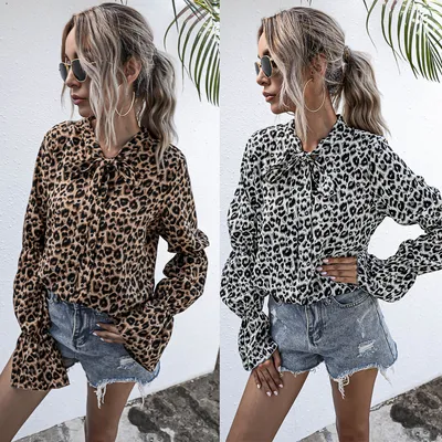 Leopard Print Lace-up Lantern Sleeve Blouse