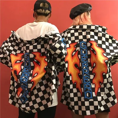 Back Flame Black And White Plaid Shirt Jacket For Men And Women Couples