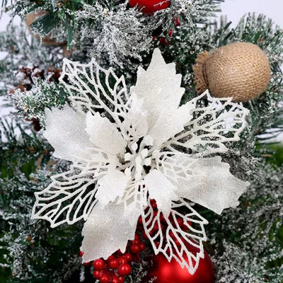 زهور عيد الميلاد الاصطناعية اللامعة، زينة شجرة عيد الميلاد للمنزل، زهور صناعية، زينة عيد الميلاد، ديكور رأس السنة الجديدة