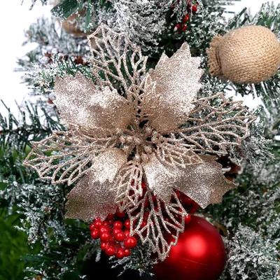 زهور عيد الميلاد الاصطناعية اللامعة، زينة شجرة عيد الميلاد للمنزل، زهور صناعية، زينة عيد الميلاد، ديكور رأس السنة الجديدة