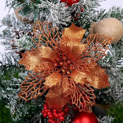 زهور عيد الميلاد الاصطناعية اللامعة، زينة شجرة عيد الميلاد للمنزل، زهور صناعية، زينة عيد الميلاد، ديكور رأس السنة الجديدة