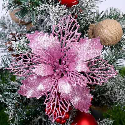 زهور عيد الميلاد الاصطناعية اللامعة، زينة شجرة عيد الميلاد للمنزل، زهور صناعية، زينة عيد الميلاد، ديكور رأس السنة الجديدة