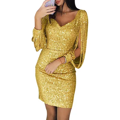 V-neck sequined fringed long sleeve dress