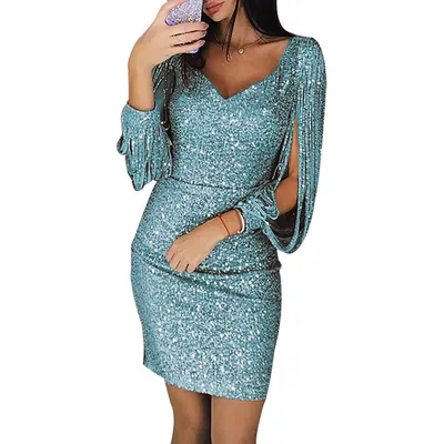 V-neck sequined fringed long sleeve dress