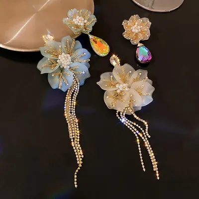 Asymmetric Flower Women Exaggerated Tassel Earrings