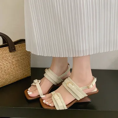 Women's French Retro Open Toe Sandals, Niche Designer Straw Woven Genuine Leather Comfy Outdoor Summer Shoes For Vacation