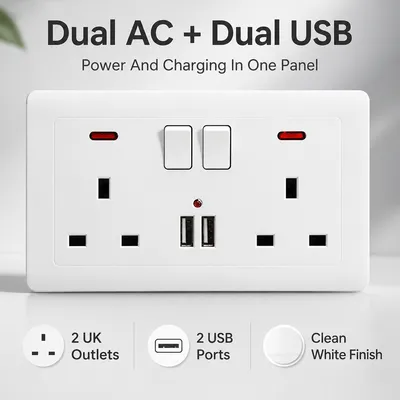 مقبس حائط مزدوج ثنائي الفتحات 13 أمبير، منفذان لشحن USB، لوحة مسطحة، المملكة المتحدة