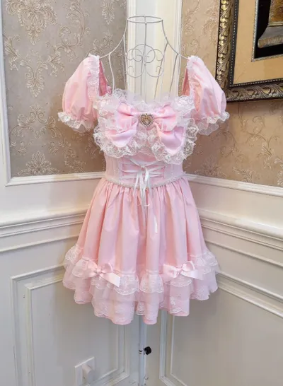 Lace Trim Puff Sleeve Slim Fit Ladies Dress