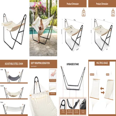 Hammock With Stand, Double-Barrel Hammock With Hammock Bed, Heavy Duty Adjustable Hammock Set For Outdoors, Patio, Yard, Garden, Beige