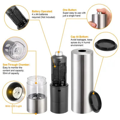 1Pc Electric Salt Pepper Grinder With Light Adjustable Coarseness Stainless Steel Salt Pepper Shaker Battery Operated Pepper Grinder Mill Easy Refill And Clean For Kitchen Preparing
