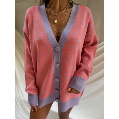 Fashion V-Neck Cardigan Long Sleeve Women's Knit Jacquard Sweater