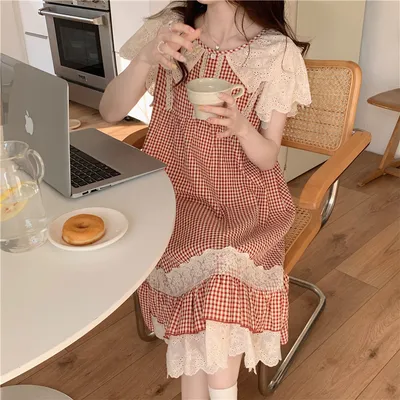 Lace Sweet Lace Princess Plaid Outerwear Nightdress For Women