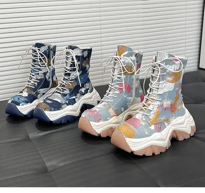 Thick Soled Doc Martens Boots Colorful Graffiti Made Old Canvas Short Boots