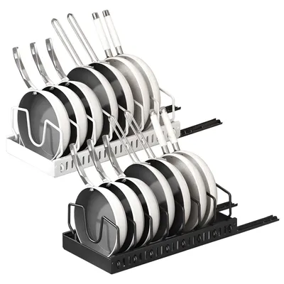 1Pc Pull Out Pots And Pans Organizer Under Cabinet With 8 Adjustable Dividers Rustproof Carbon Steel Sliding Pots Holder For Kitchen Cookware Bakeware Pots Lids Storage