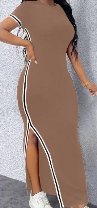 Striped Trim Split Thigh Longline Dress For Summer, Long Bodycon Dress