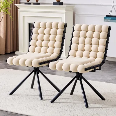 Set Of 2 Beige Puffy Bubble Chair Ball Chain Chair Velvet Dining Chairs With Black Legs, Modern Tufted Accent Chairs For Dining Room & Kitchen