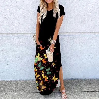 Summer Hem Slit Print Dress European And American Style