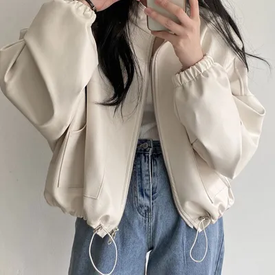 Small Stand Collar Zipper Large Pocket Drawstring Lace Leather Coat Women
