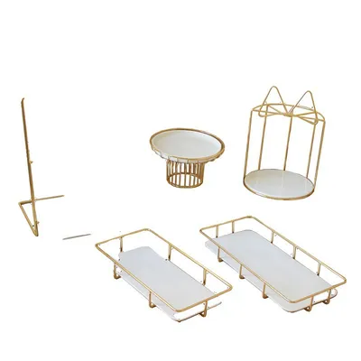 Golden Cake Stand Set, Three-layer Snack Stand, Ceramic High Plate
